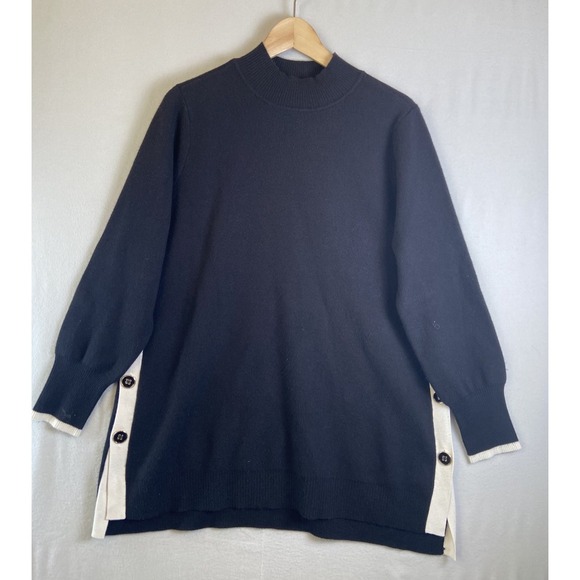 Chico's Womens 2 Black Sweater Tunic Long Sleeve Side Button Pullover Knit Top - Picture 2 of 9